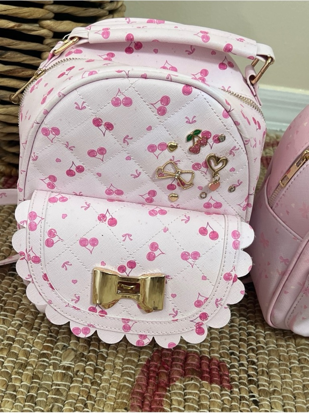 Pink Cherry Print Kids Mini Backpack with Gold Bow Accent